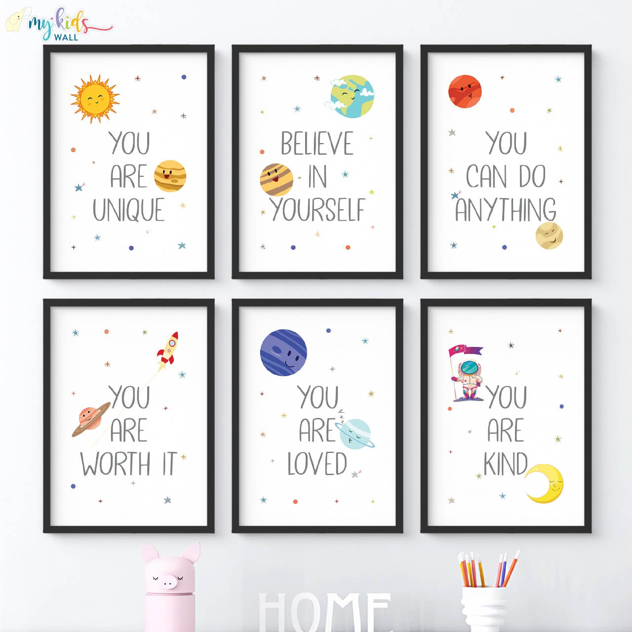 Inspirational Growth Mindset Affirmations set of 6 wall art black frame