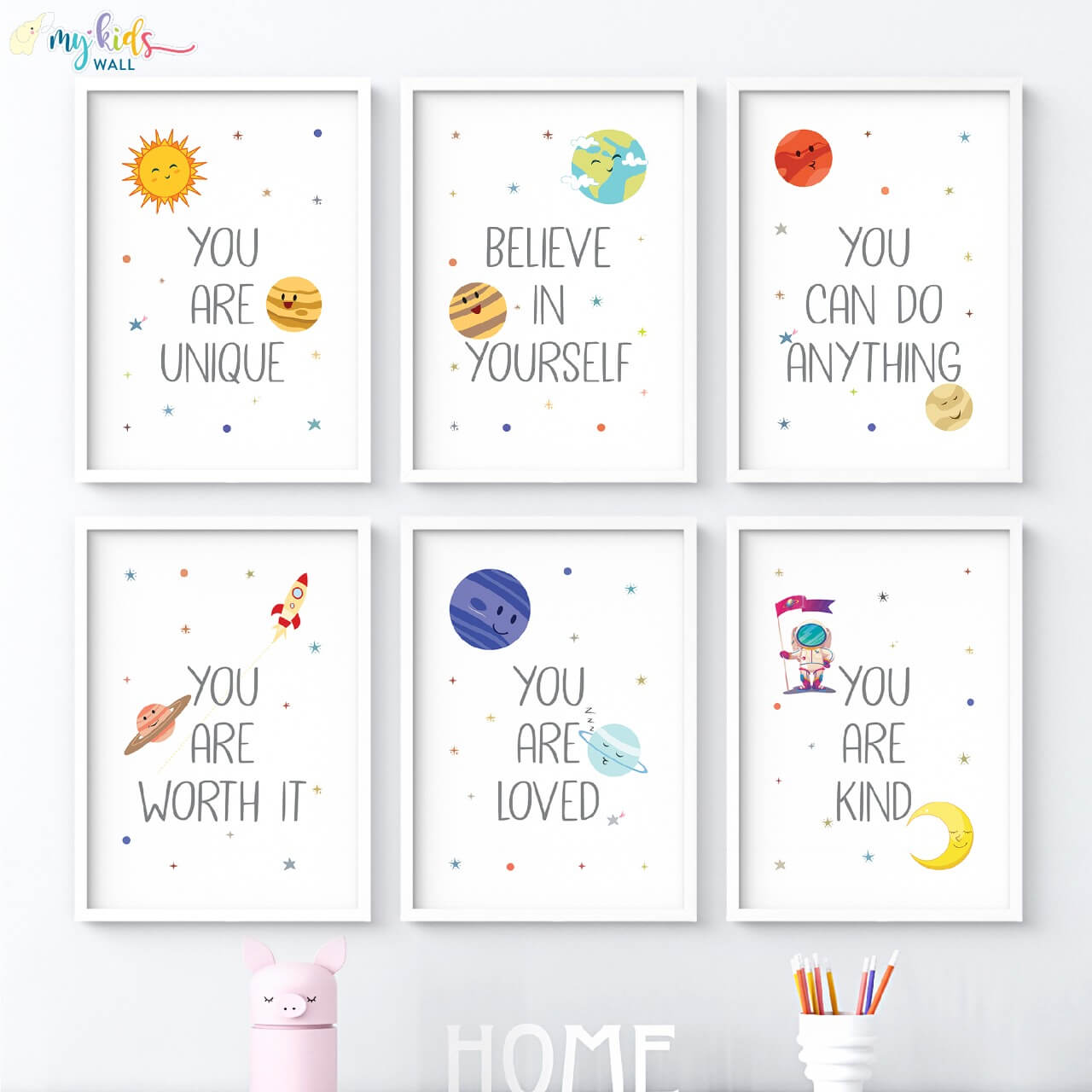 Inspirational Growth Mindset Affirmations set of 6 wall art white frame