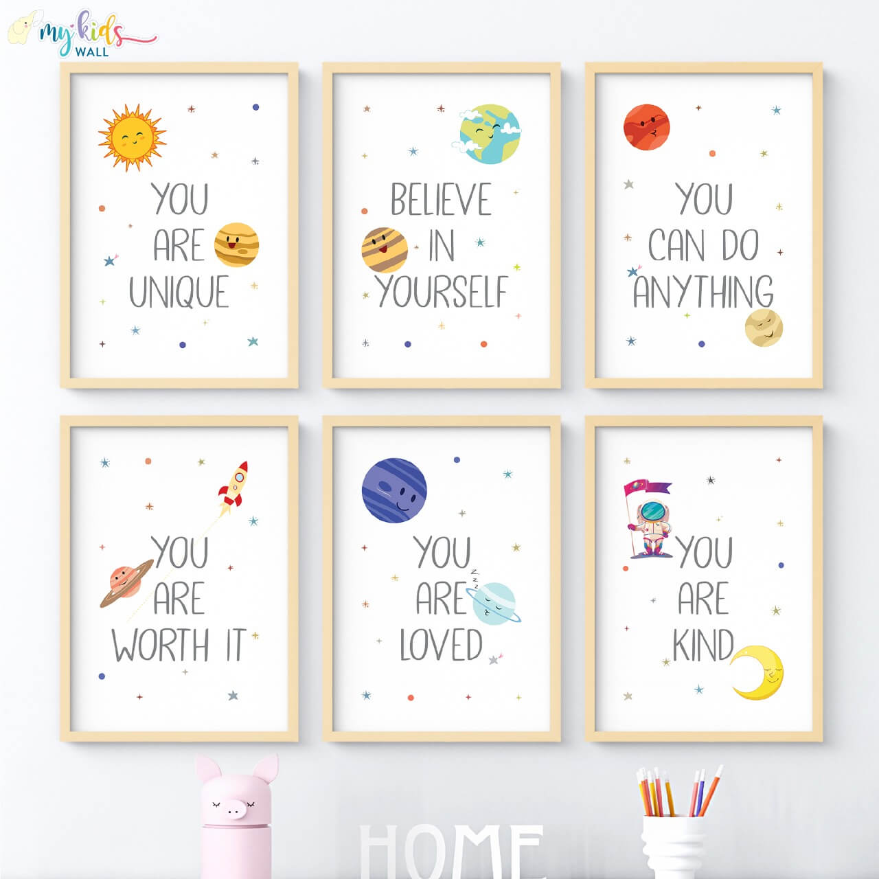 Inspirational Growth Mindset Affirmations set of 6 wall art wooden frame