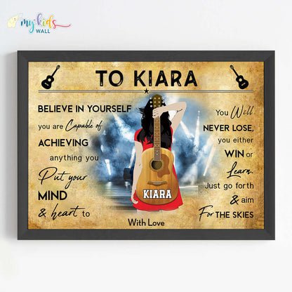 Motivational guitar player girl wall art black frame