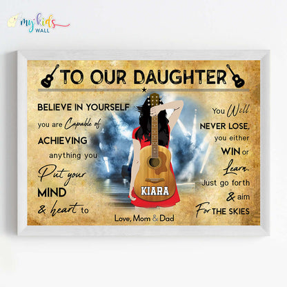 Motivational guitar player girl wall art white frame