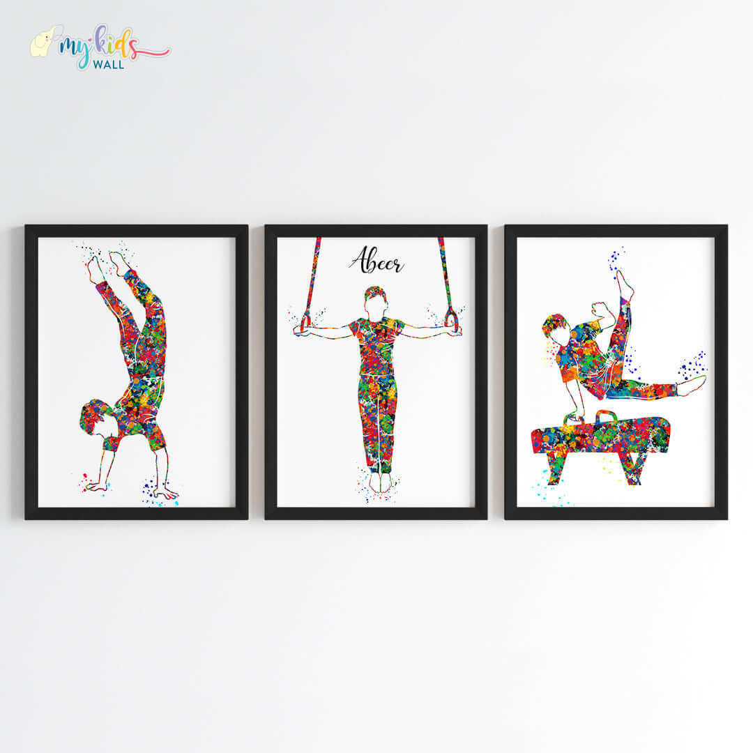 Inspirational gymnastic boy set of 3 wall art black frame