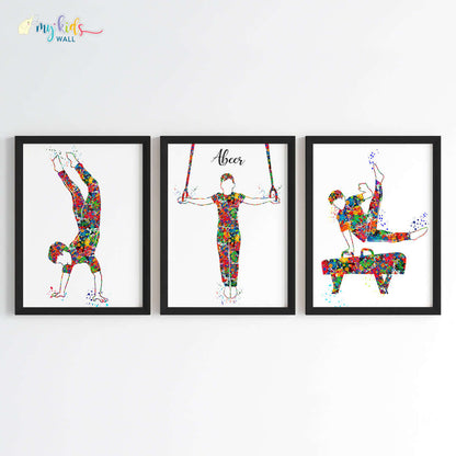 Inspirational gymnastic boy set of 3 wall art black frame