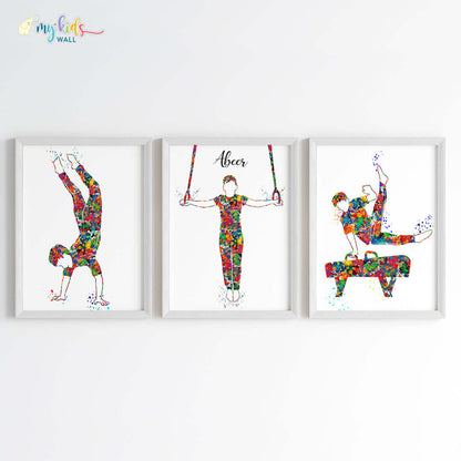 Inspirational gymnastic boy set of 3 wall art white frame