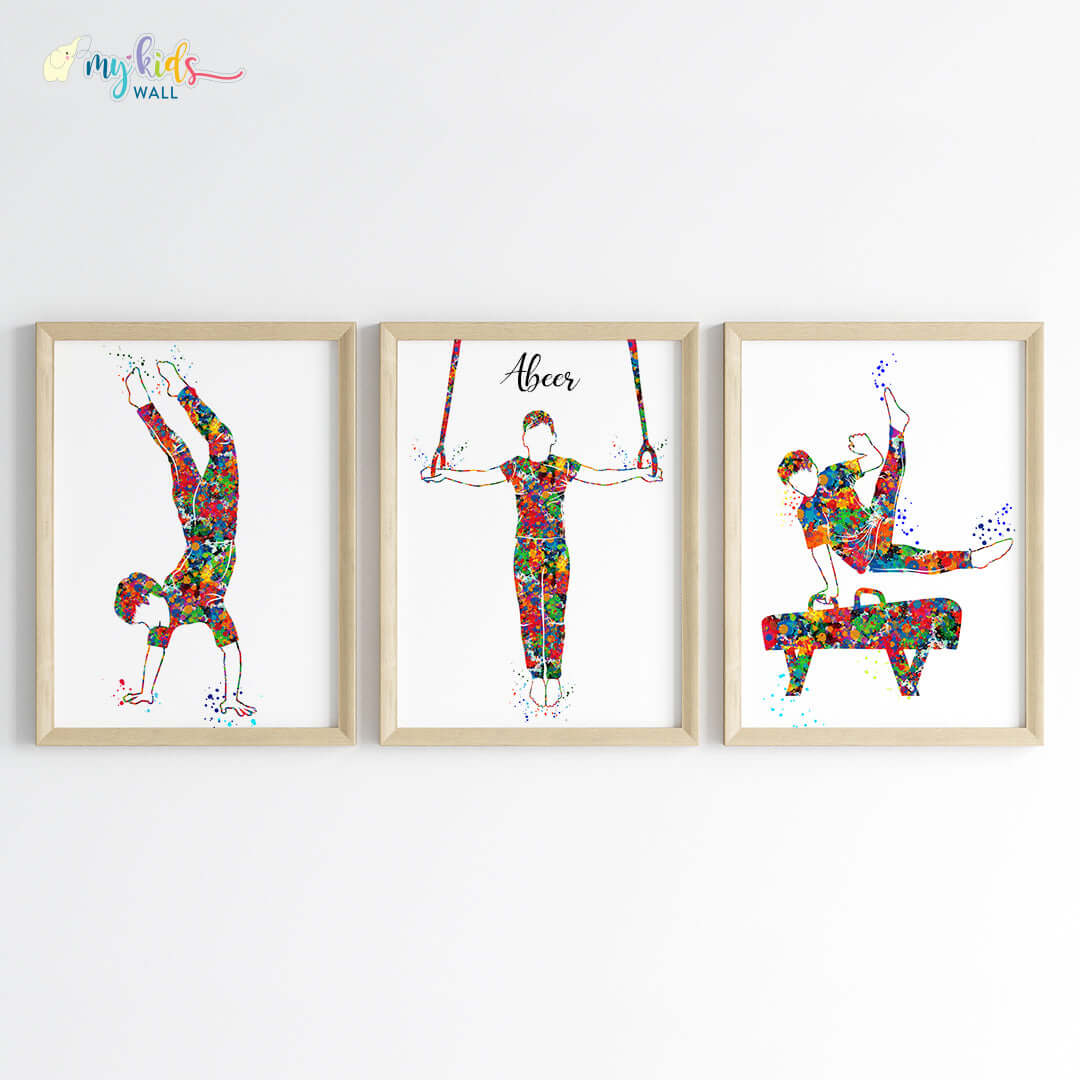 Inspirational gymnastic boy set of 3 wall art wooden frame