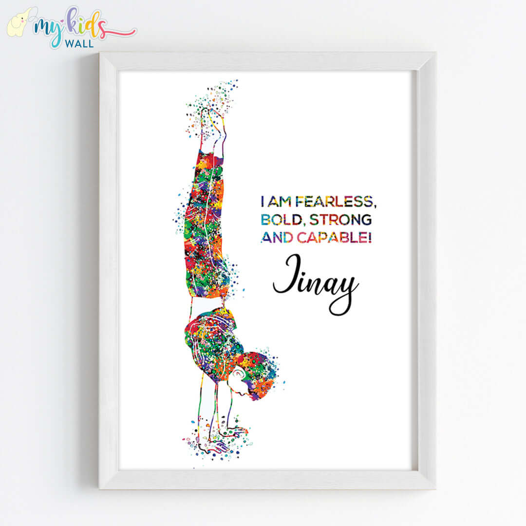 Inspirational gymnastics boy handstand wall art white frame