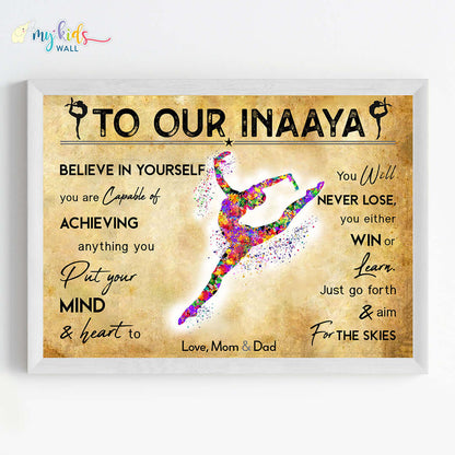 Motivational gymnastics girl wall art white frame