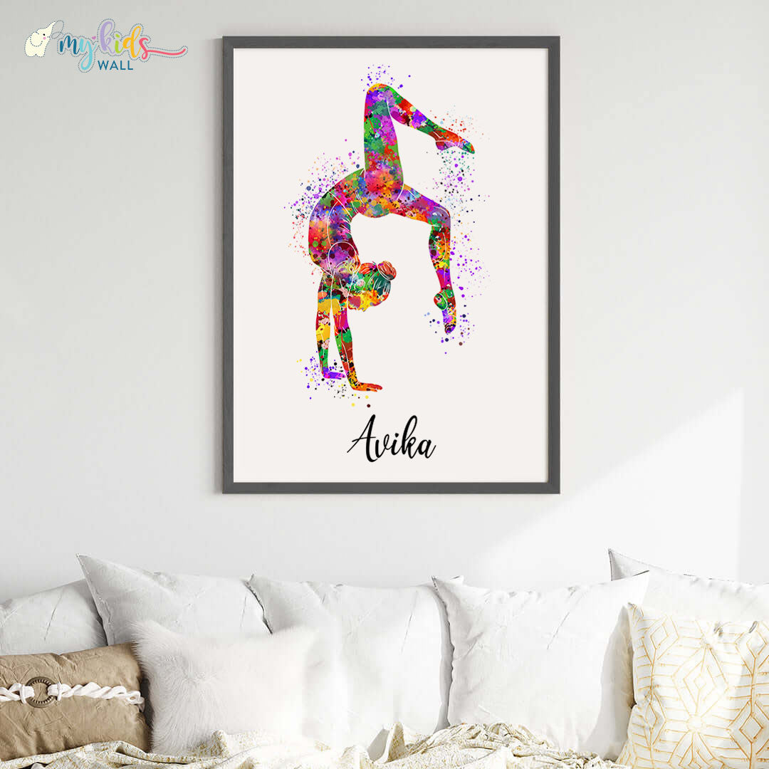 Gymnastics Girl Tumbling Personalised Wall Art Big Frame Black