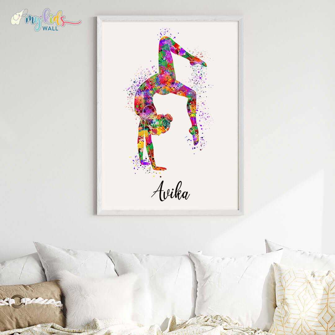 Gymnastics Girl Tumbling Personalised Wall Art Big Frame White
