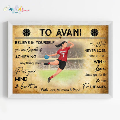 Handball Player Girl Personalized Motivational Wall Art (Framed)