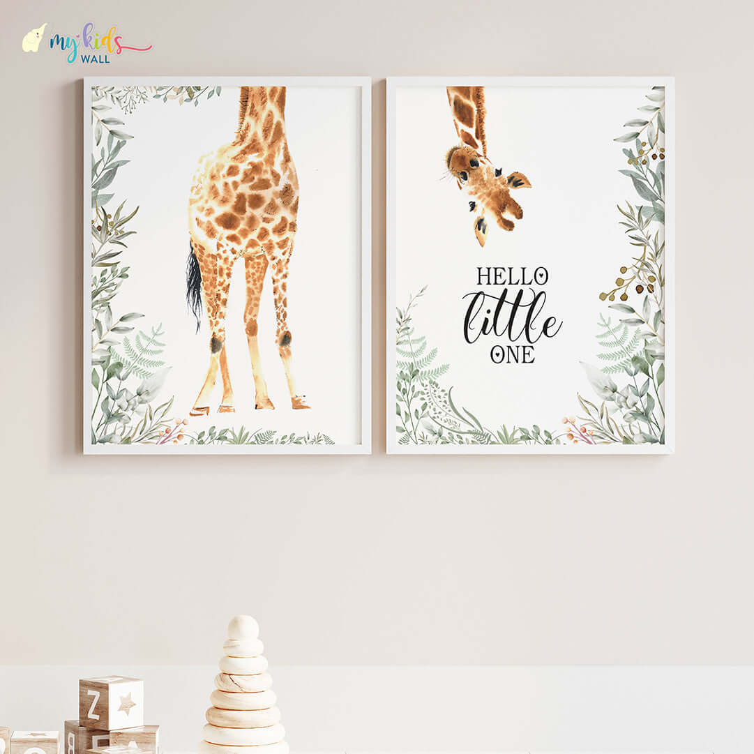 Inspirational upside down Giraffe set of 2 wall art white frame