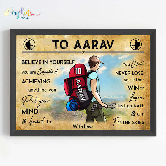 Motivational hiking boy wall art black frame