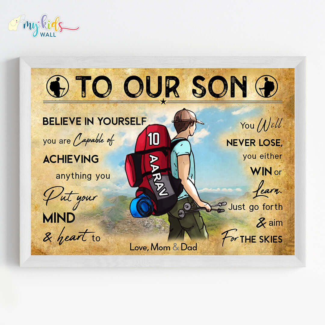 Motivational hiking boy wall art white frame