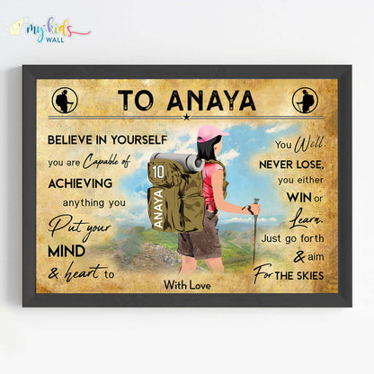 Motivational hiking girl wall art black frame