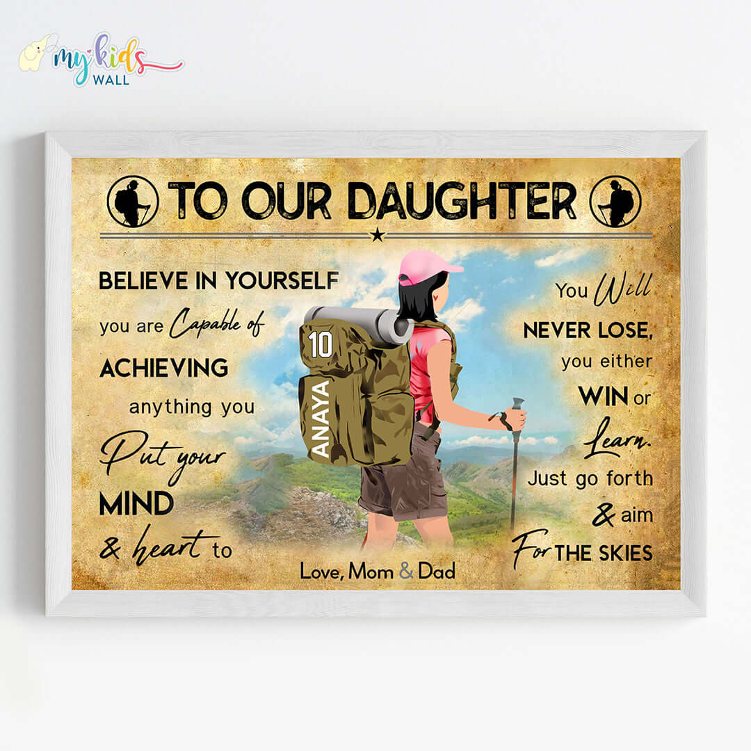 Motivational hiking girl wall art white frame