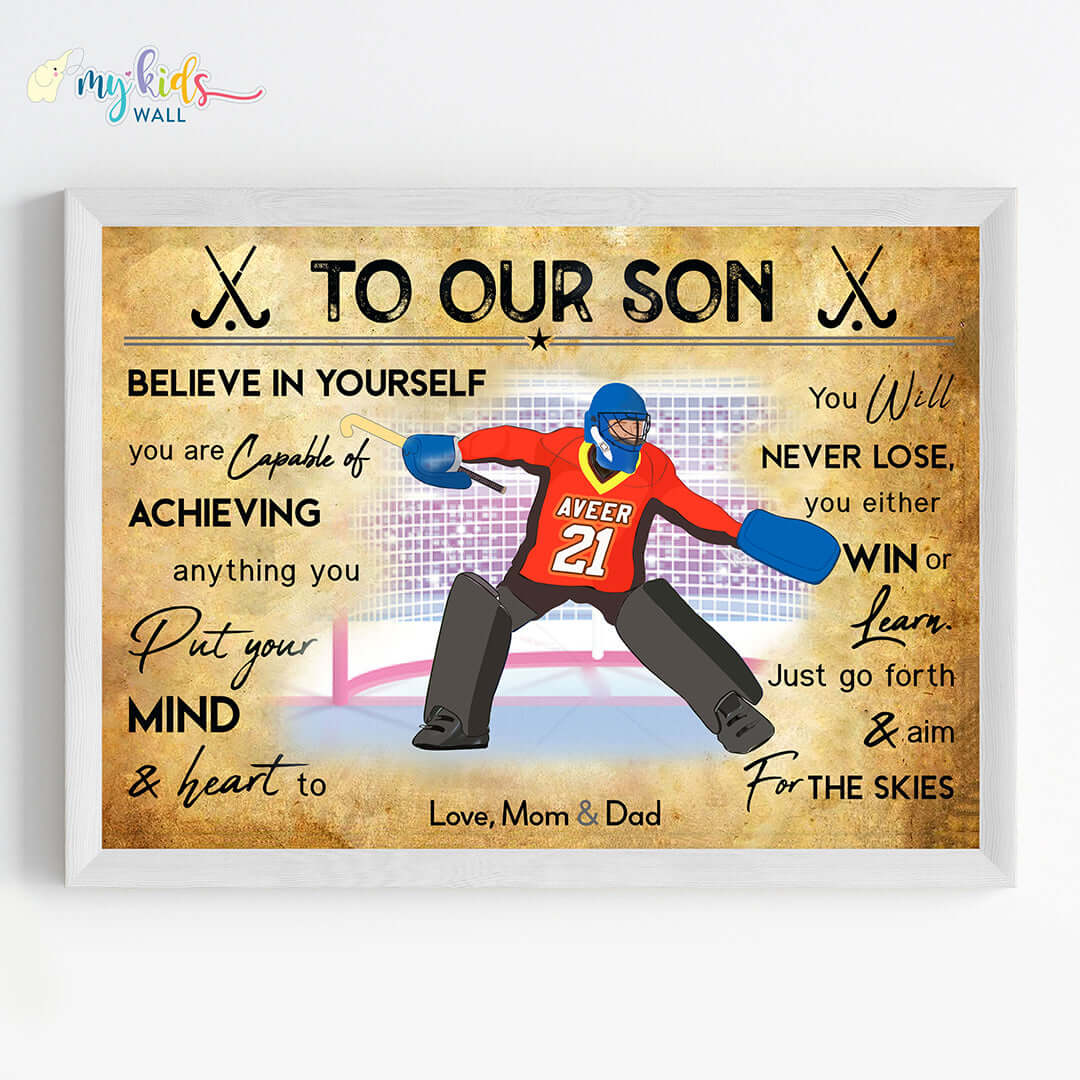 Motivational hockey goalkeeper boy wall art white frame