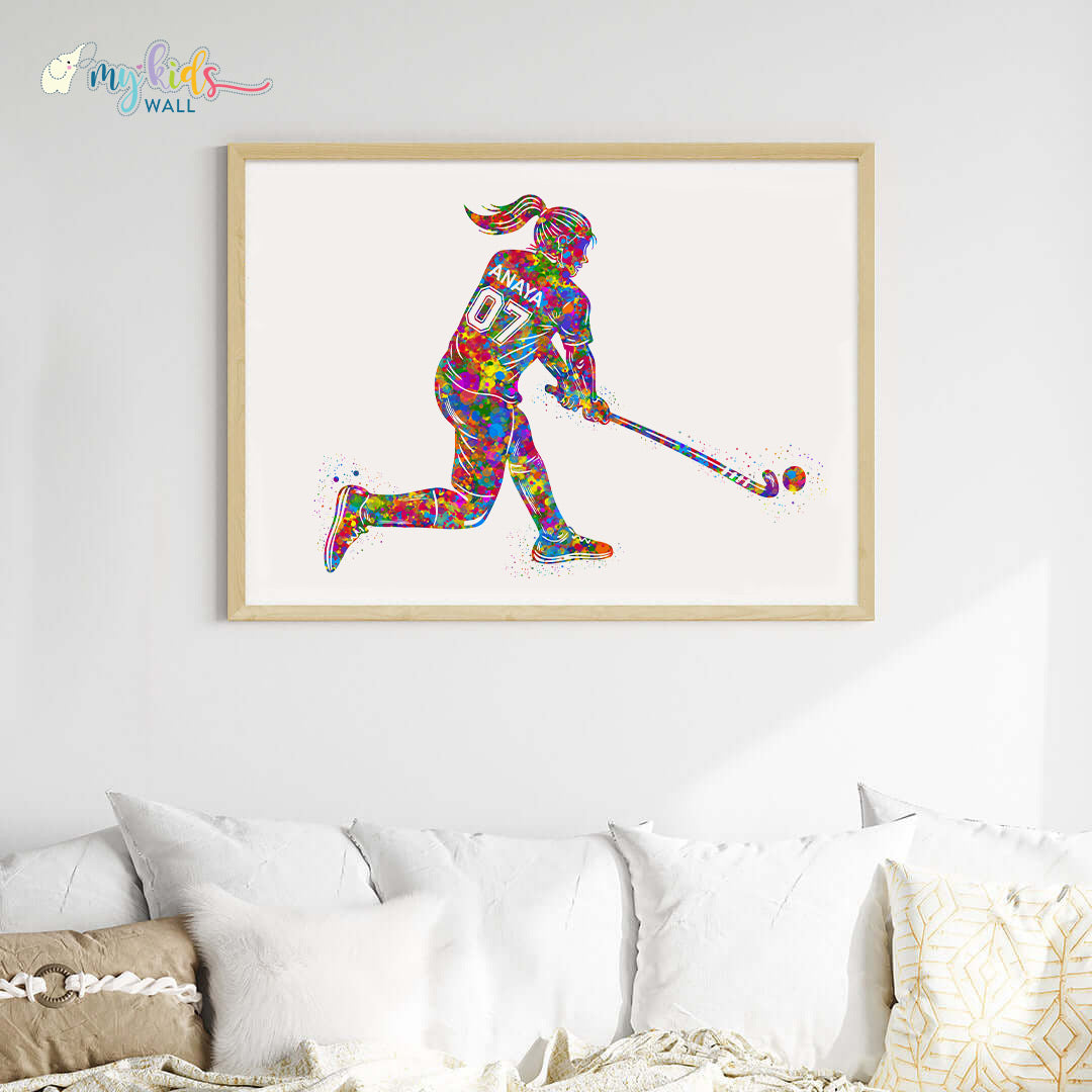 Hockey Player Girl Personalised Wall Art Big Frame Wooden