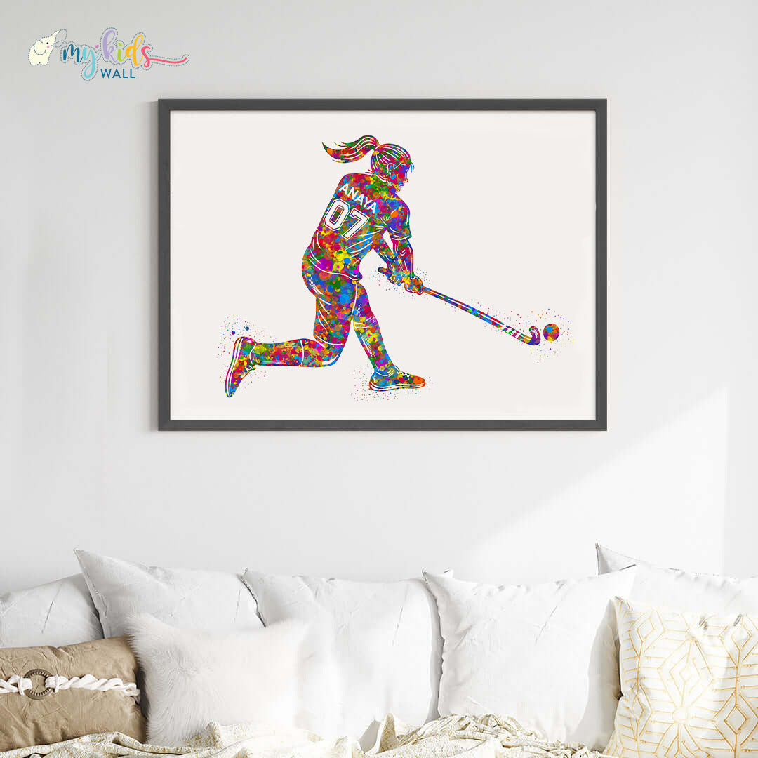 Hockey Player Girl Personalised Wall Art Big Frame Black
