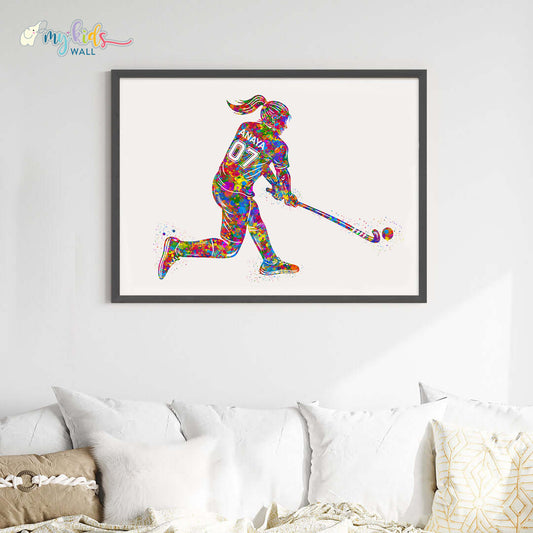 Hockey Player Girl Personalised Wall Art Big Frame Black