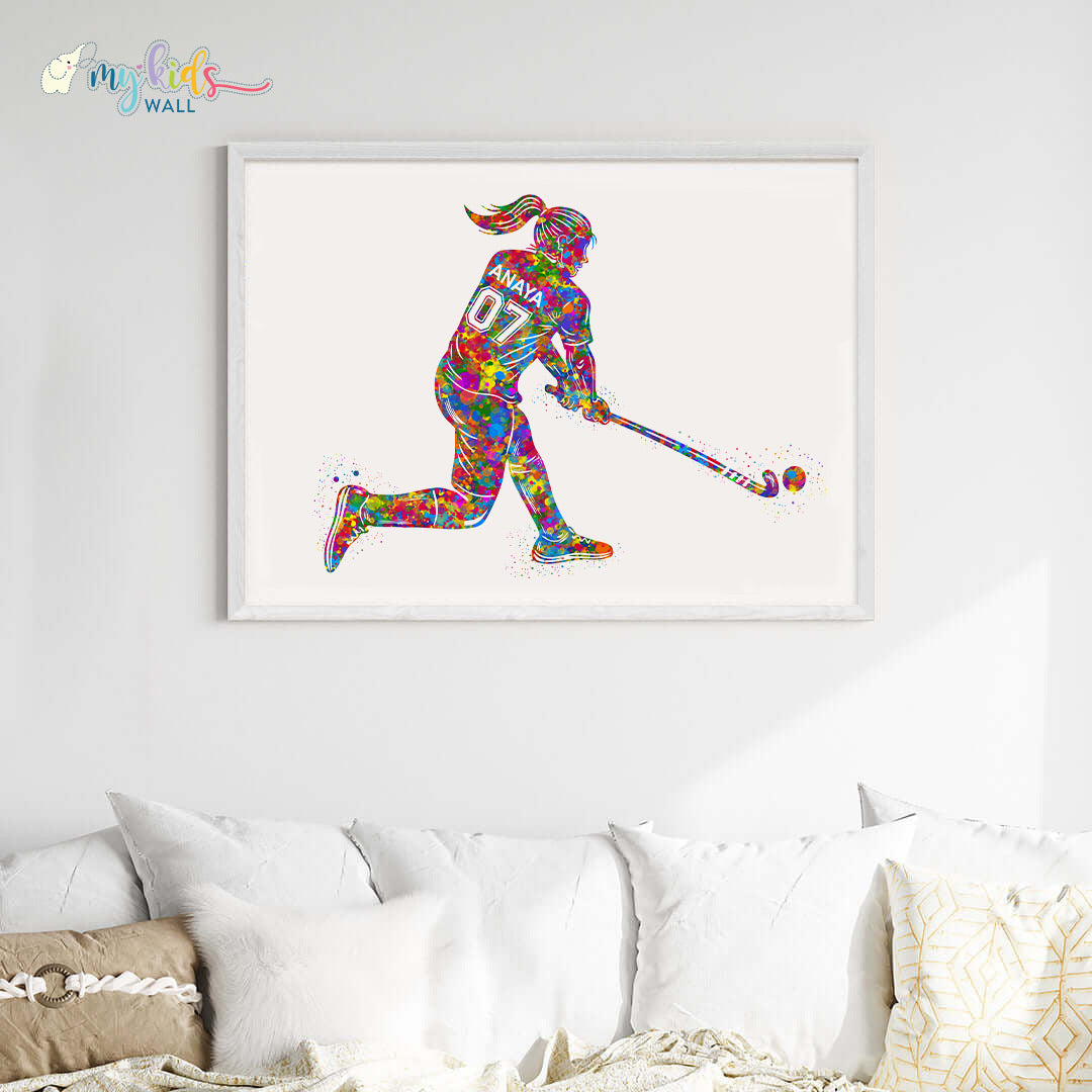 Hockey Player Girl Personalised Wall Art Big Frame White