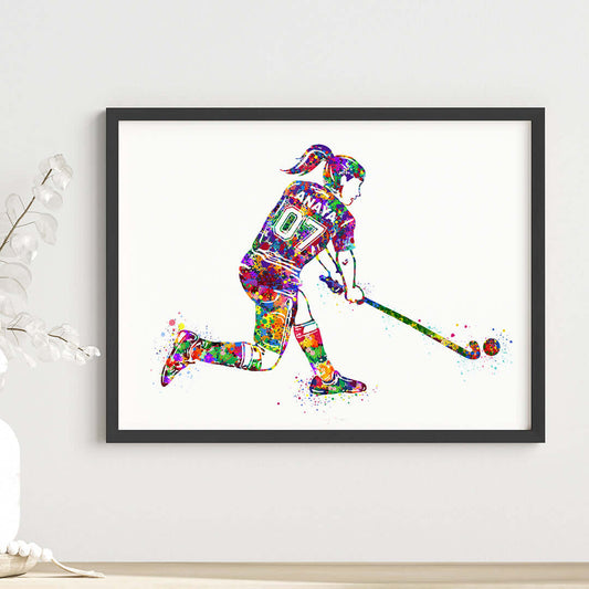 Multicolor hockey player girl wall art black frame