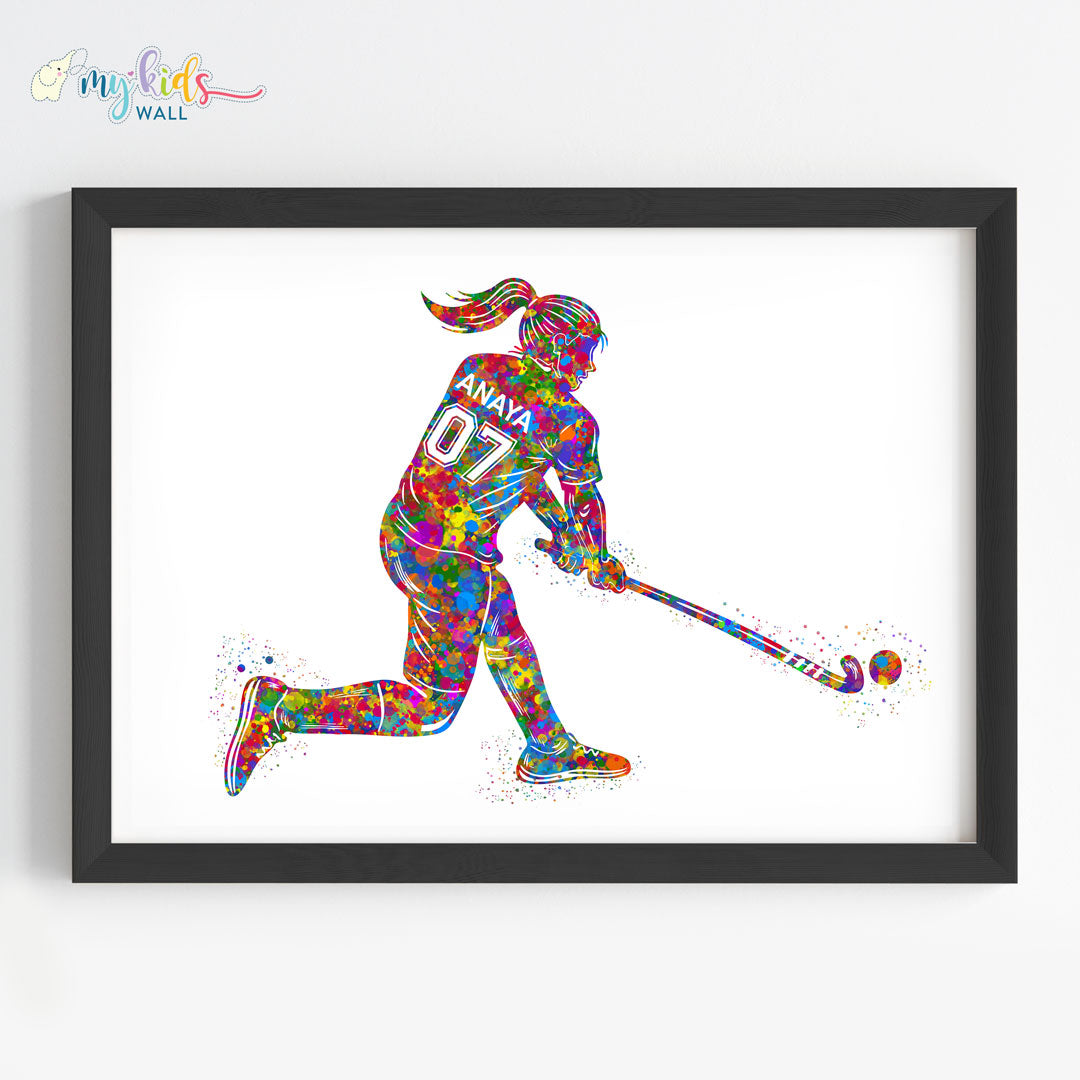Hockey Player Girl Personalised Wall Art Framed Black