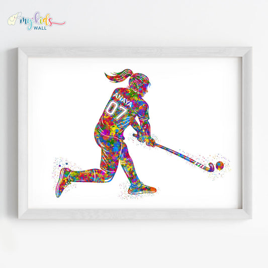 Hockey Player Girl Personalised Wall Art Framed White