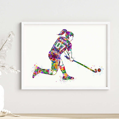 Multicolor hockey player girl wall art white frame