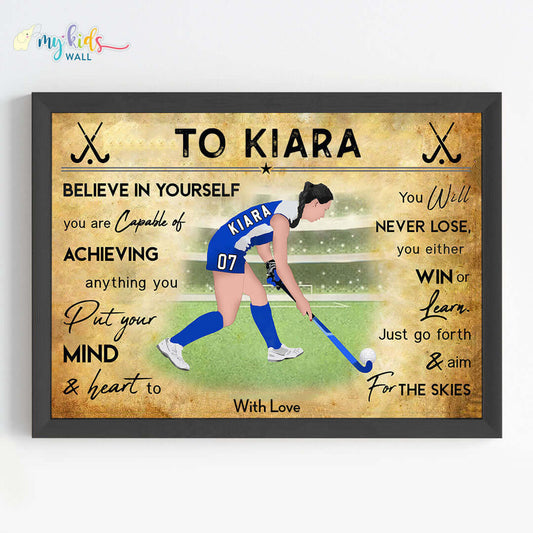 Motivational hockey player girl wall art black frame