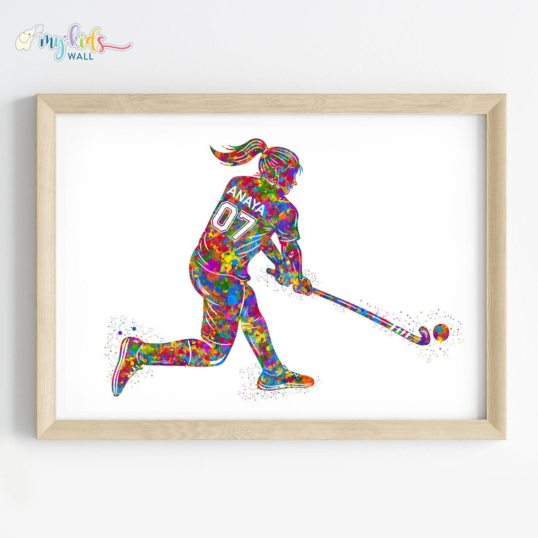 Hockey Player Girl Personalised Wall Art Framed Wooden