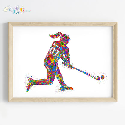 Hockey Player Girl Personalised Wall Art Framed Wooden