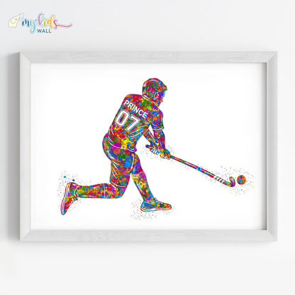 Hockey Player Personalised Wall Art Framed White
