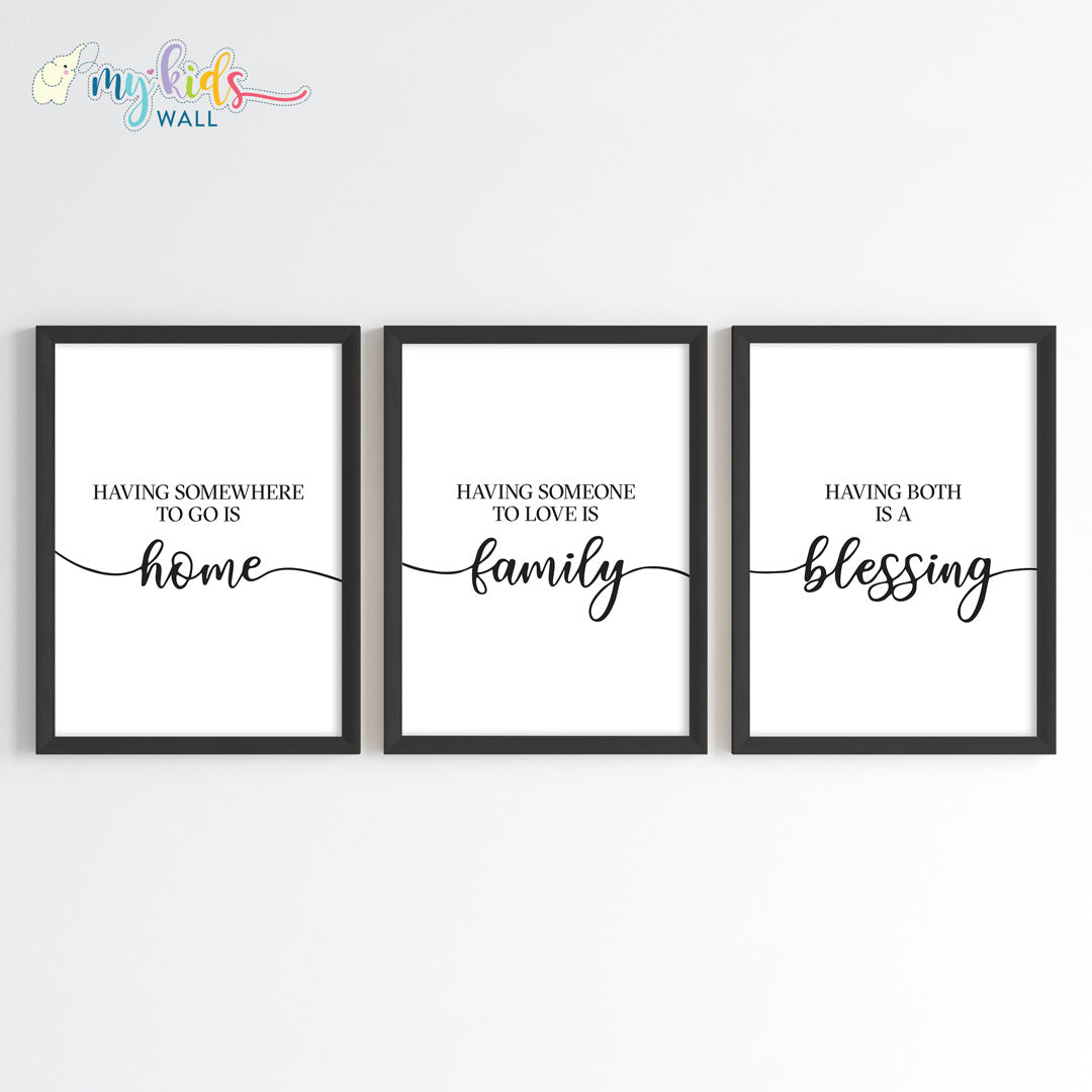 Home, Family & Blessings Wall Art Framed Set of 3 Black