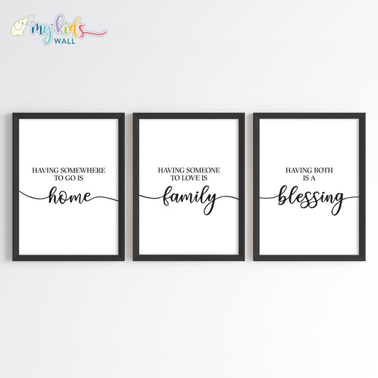 Home, Family & Blessings Wall Art Framed Set of 3 Black