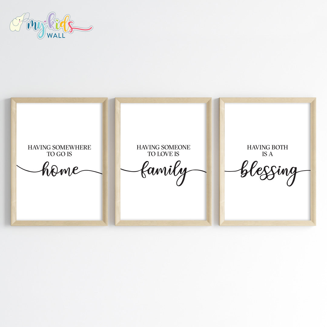 Home, Family & Blessings Wall Art Framed Set of 3 Wooden