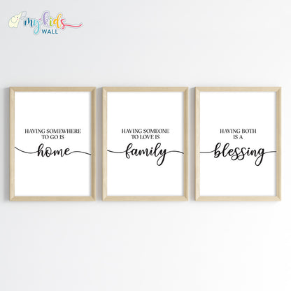 Home, Family & Blessings Wall Art Framed Set of 3 Wooden