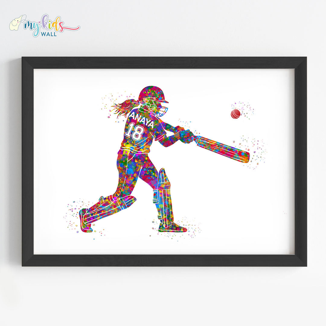 Cricket Player Girl Personalised Wall Art Framed Black