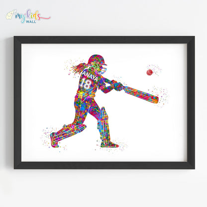 Cricket Player Girl Personalised Wall Art Framed Black