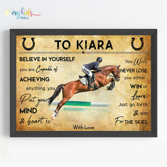 Motivational horse rider girl wall art black frame