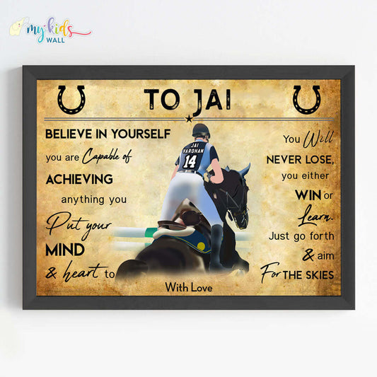 Motivational horse rider boy wall art black frame