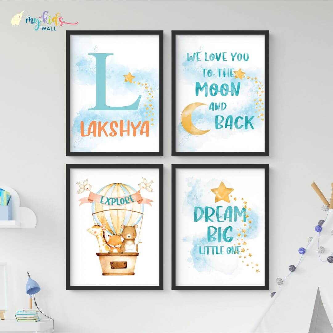 Inspirational hot air Balloon set of 4 wall art black frame