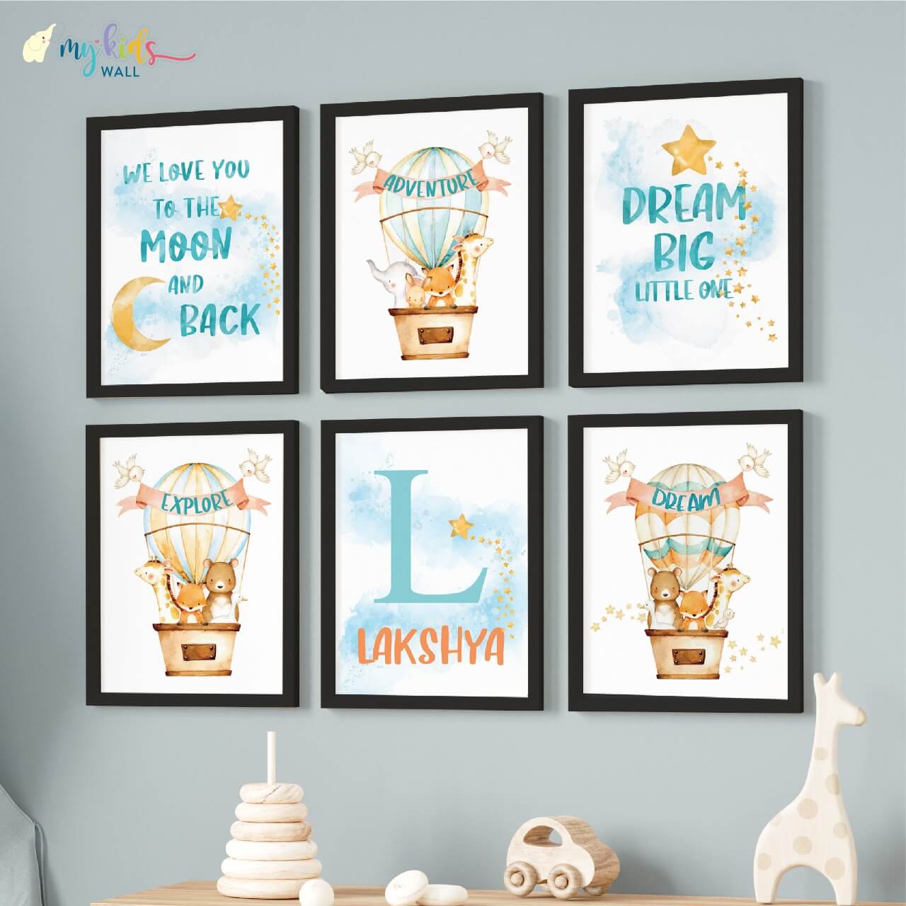 Inspirational hot air Balloon set of 6 wall art black frame