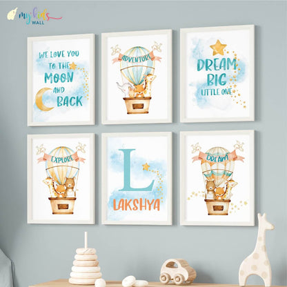 Inspirational hot air Balloon set of 6 wall art white frame