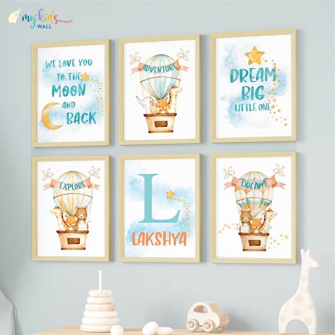 Inspirational hot air Balloon set of 6 wall art wooden frame