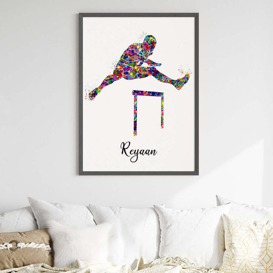 Multicolor hurdling runner boy wall art black frame