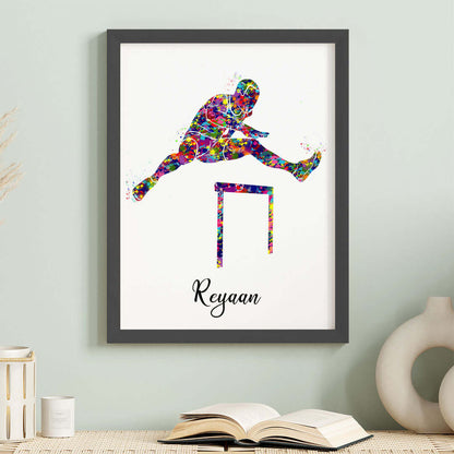 Multicolor hurdling runner boy wall art black frame