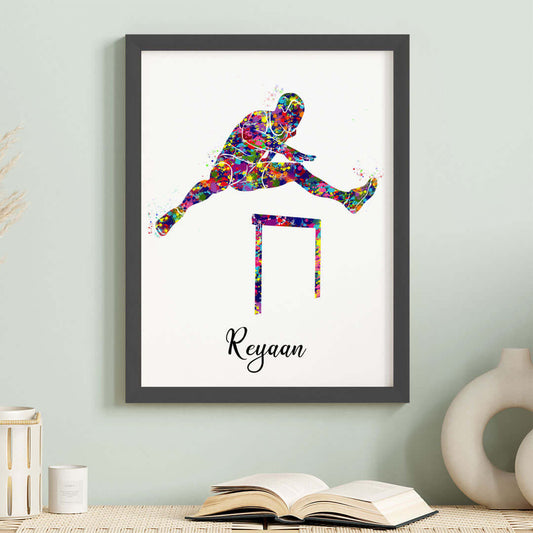 Multicolor hurdling runner boy wall art black frame