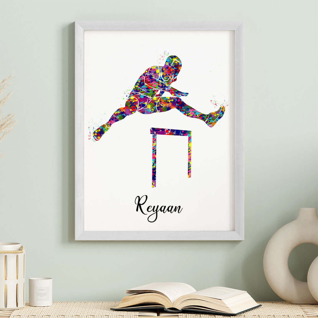 Multicolor hurdling runner boy wall art white frame