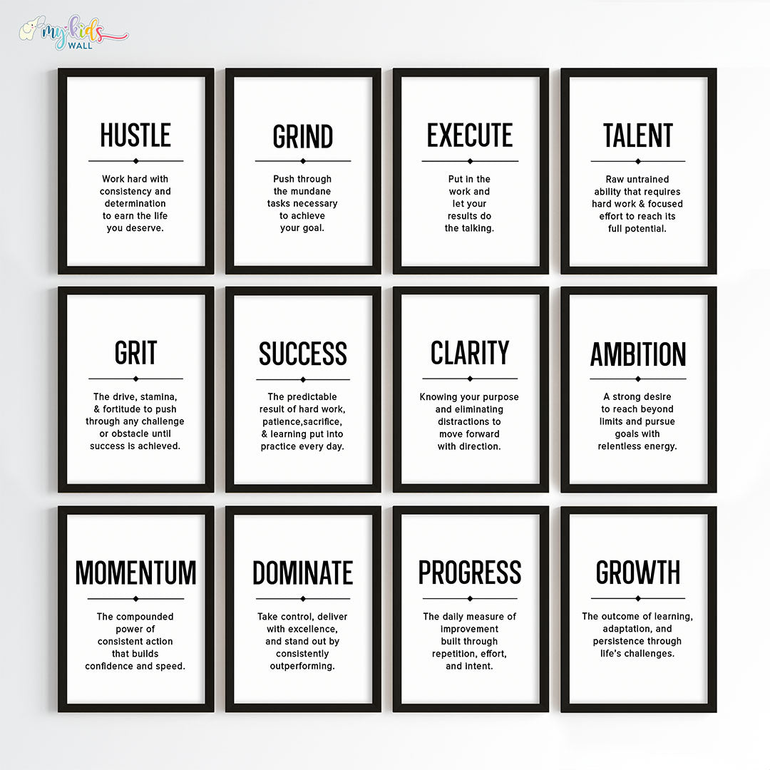 Inspirational quote Hustle Grind Execute wall art set of 12 black frame
