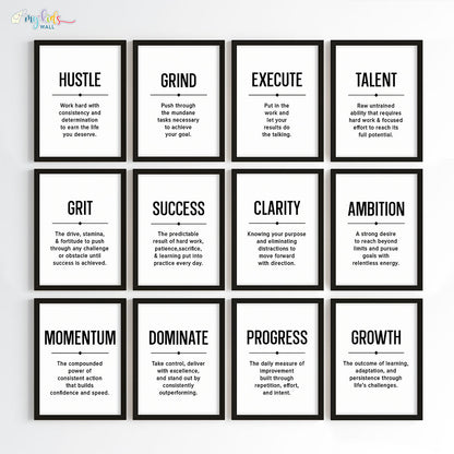 Inspirational quote Hustle Grind Execute wall art set of 12 black frame